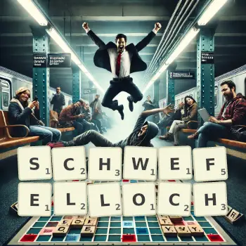 Kreative Illustration für ein Scrabble-Spiel, bei dem das Wort SCHWEFELLOCH mit Steinen auf dem Brett gelegt wurde.