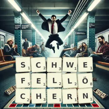 Kreative Illustration für ein Scrabble-Spiel, bei dem das Wort SCHWEFELLÖCHERN mit Steinen auf dem Brett gelegt wurde.