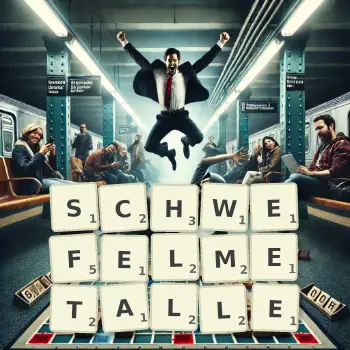 Kreative Illustration für ein Scrabble-Spiel, bei dem das Wort SCHWEFELMETALLE mit Steinen auf dem Brett gelegt wurde.