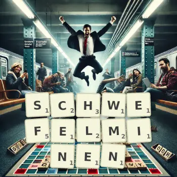 Kreative Illustration für ein Scrabble-Spiel, bei dem das Wort SCHWEFELMINEN mit Steinen auf dem Brett gelegt wurde.