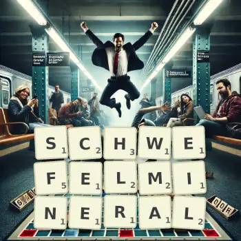 Kreative Illustration für ein Scrabble-Spiel, bei dem das Wort SCHWEFELMINERAL mit Steinen auf dem Brett gelegt wurde.