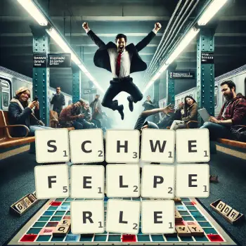 Kreative Illustration für ein Scrabble-Spiel, bei dem das Wort SCHWEFELPERLE mit Steinen auf dem Brett gelegt wurde.