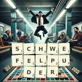 Kreative Illustration für ein Scrabble-Spiel, bei dem das Wort SCHWEFELPUDER mit Steinen auf dem Brett gelegt wurde.