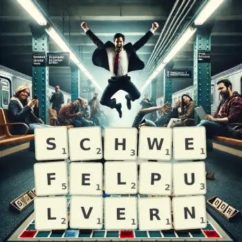Kreative Illustration für ein Scrabble-Spiel, bei dem das Wort SCHWEFELPULVERN mit Steinen auf dem Brett gelegt wurde.