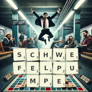 Kreative Illustration für ein Scrabble-Spiel, bei dem das Wort SCHWEFELPUMPE mit Steinen auf dem Brett gelegt wurde.