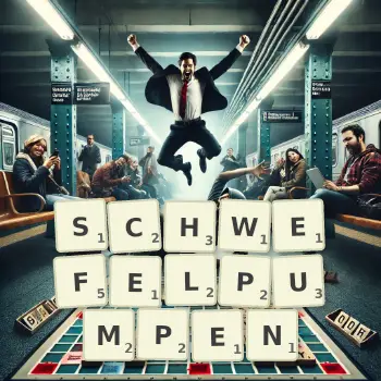 Kreative Illustration für ein Scrabble-Spiel, bei dem das Wort SCHWEFELPUMPEN mit Steinen auf dem Brett gelegt wurde.