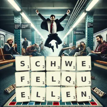 Kreative Illustration für ein Scrabble-Spiel, bei dem das Wort SCHWEFELQUELLEN mit Steinen auf dem Brett gelegt wurde.
