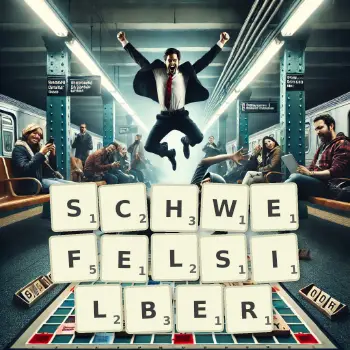 Kreative Illustration für ein Scrabble-Spiel, bei dem das Wort SCHWEFELSILBER mit Steinen auf dem Brett gelegt wurde.