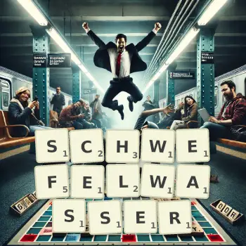 Kreative Illustration für ein Scrabble-Spiel, bei dem das Wort SCHWEFELWASSER mit Steinen auf dem Brett gelegt wurde.