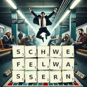 Kreative Illustration für ein Scrabble-Spiel, bei dem das Wort SCHWEFELWASSERN mit Steinen auf dem Brett gelegt wurde.