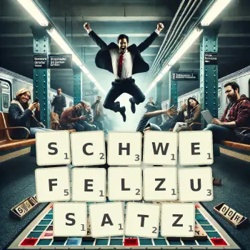 Kreative Illustration für ein Scrabble-Spiel, bei dem das Wort SCHWEFELZUSATZ mit Steinen auf dem Brett gelegt wurde.