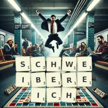 Kreative Illustration für ein Scrabble-Spiel, bei dem das Wort SCHWEIBEREICH mit Steinen auf dem Brett gelegt wurde.