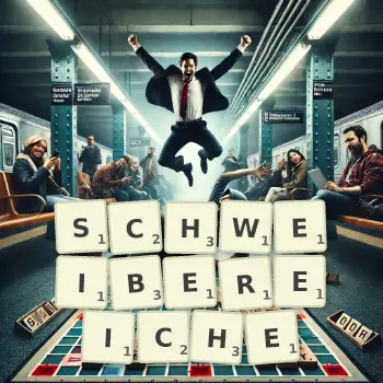 Kreative Illustration für ein Scrabble-Spiel, bei dem das Wort SCHWEIBEREICHE mit Steinen auf dem Brett gelegt wurde.