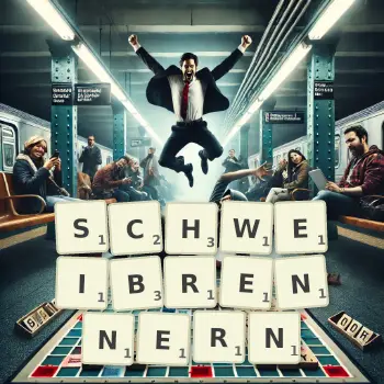Kreative Illustration für ein Scrabble-Spiel, bei dem das Wort SCHWEIBRENNERN mit Steinen auf dem Brett gelegt wurde.