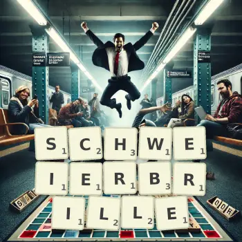 Kreative Illustration für ein Scrabble-Spiel, bei dem das Wort SCHWEIERBRILLE mit Steinen auf dem Brett gelegt wurde.
