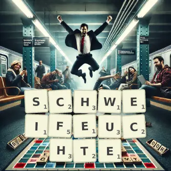 Kreative Illustration für ein Scrabble-Spiel, bei dem das Wort SCHWEIFEUCHTE mit Steinen auf dem Brett gelegt wurde.