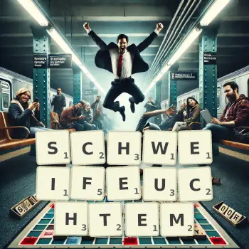 Kreative Illustration für ein Scrabble-Spiel, bei dem das Wort SCHWEIFEUCHTEM mit Steinen auf dem Brett gelegt wurde.