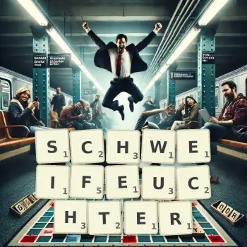 Kreative Illustration für ein Scrabble-Spiel, bei dem das Wort SCHWEIFEUCHTER mit Steinen auf dem Brett gelegt wurde.