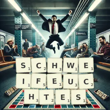 Kreative Illustration für ein Scrabble-Spiel, bei dem das Wort SCHWEIFEUCHTES mit Steinen auf dem Brett gelegt wurde.