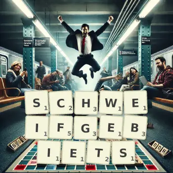 Kreative Illustration für ein Scrabble-Spiel, bei dem das Wort SCHWEIFGEBIETS mit Steinen auf dem Brett gelegt wurde.