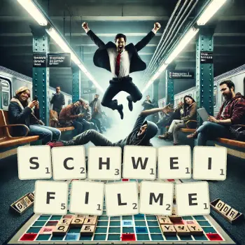 Kreative Illustration für ein Scrabble-Spiel, bei dem das Wort SCHWEIFILME mit Steinen auf dem Brett gelegt wurde.