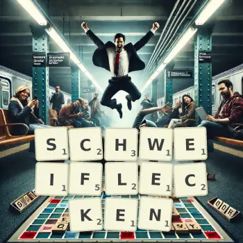 Kreative Illustration für ein Scrabble-Spiel, bei dem das Wort SCHWEIFLECKEN mit Steinen auf dem Brett gelegt wurde.