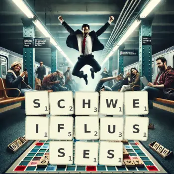 Kreative Illustration für ein Scrabble-Spiel, bei dem das Wort SCHWEIFLUSSES mit Steinen auf dem Brett gelegt wurde.