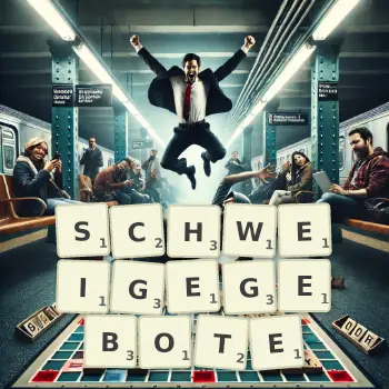 Kreative Illustration für ein Scrabble-Spiel, bei dem das Wort SCHWEIGEGEBOTE mit Steinen auf dem Brett gelegt wurde.
