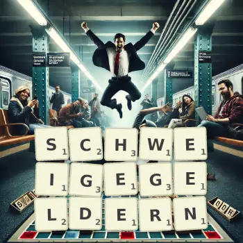 Kreative Illustration für ein Scrabble-Spiel, bei dem das Wort SCHWEIGEGELDERN mit Steinen auf dem Brett gelegt wurde.