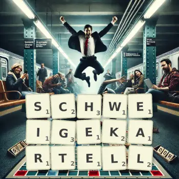 Kreative Illustration für ein Scrabble-Spiel, bei dem das Wort SCHWEIGEKARTELL mit Steinen auf dem Brett gelegt wurde.
