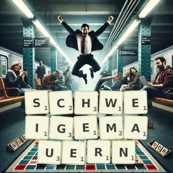 Kreative Illustration für ein Scrabble-Spiel, bei dem das Wort SCHWEIGEMAUERN mit Steinen auf dem Brett gelegt wurde.