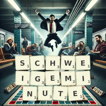 Kreative Illustration für ein Scrabble-Spiel, bei dem das Wort SCHWEIGEMINUTE mit Steinen auf dem Brett gelegt wurde.