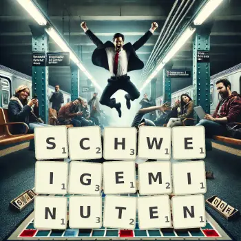 Kreative Illustration für ein Scrabble-Spiel, bei dem das Wort SCHWEIGEMINUTEN mit Steinen auf dem Brett gelegt wurde.