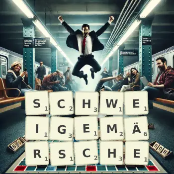 Kreative Illustration für ein Scrabble-Spiel, bei dem das Wort SCHWEIGEMÄRSCHE mit Steinen auf dem Brett gelegt wurde.