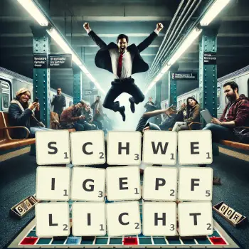 Kreative Illustration für ein Scrabble-Spiel, bei dem das Wort SCHWEIGEPFLICHT mit Steinen auf dem Brett gelegt wurde.