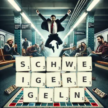 Kreative Illustration für ein Scrabble-Spiel, bei dem das Wort SCHWEIGEREGELN mit Steinen auf dem Brett gelegt wurde.