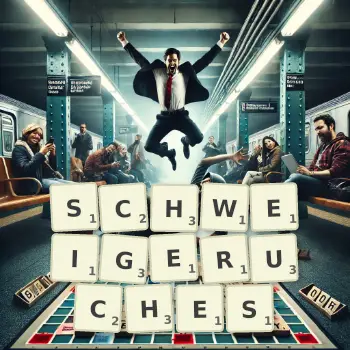 Kreative Illustration für ein Scrabble-Spiel, bei dem das Wort SCHWEIGERUCHES mit Steinen auf dem Brett gelegt wurde.