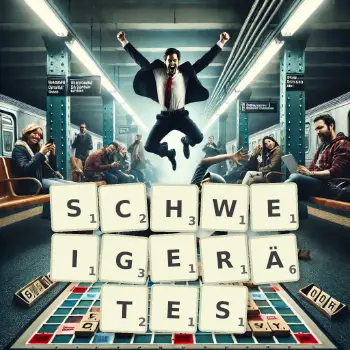 Kreative Illustration für ein Scrabble-Spiel, bei dem das Wort SCHWEIGERÄTES mit Steinen auf dem Brett gelegt wurde.