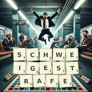 Kreative Illustration für ein Scrabble-Spiel, bei dem das Wort SCHWEIGESTRAFE mit Steinen auf dem Brett gelegt wurde.