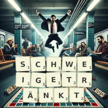 Kreative Illustration für ein Scrabble-Spiel, bei dem das Wort SCHWEIGETRÄNKT mit Steinen auf dem Brett gelegt wurde.