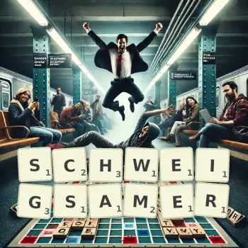 Kreative Illustration für ein Scrabble-Spiel, bei dem das Wort SCHWEIGSAMER mit Steinen auf dem Brett gelegt wurde.