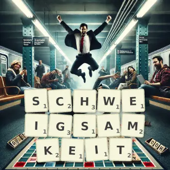 Kreative Illustration für ein Scrabble-Spiel, bei dem das Wort SCHWEIGSAMKEIT mit Steinen auf dem Brett gelegt wurde.