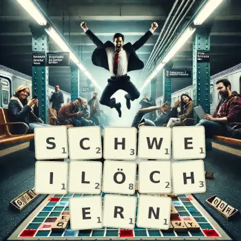Kreative Illustration für ein Scrabble-Spiel, bei dem das Wort SCHWEILÖCHERN mit Steinen auf dem Brett gelegt wurde.