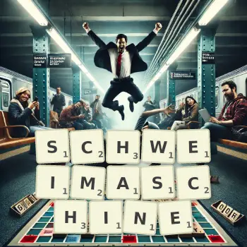 Kreative Illustration für ein Scrabble-Spiel, bei dem das Wort SCHWEIMASCHINE mit Steinen auf dem Brett gelegt wurde.