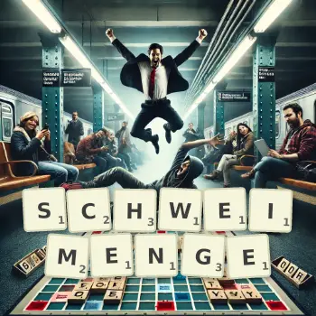 Kreative Illustration für ein Scrabble-Spiel, bei dem das Wort SCHWEIMENGE mit Steinen auf dem Brett gelegt wurde.