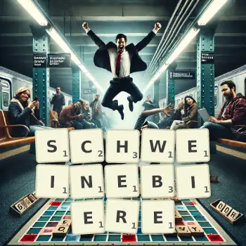 Kreative Illustration für ein Scrabble-Spiel, bei dem das Wort SCHWEINEBIERE mit Steinen auf dem Brett gelegt wurde.