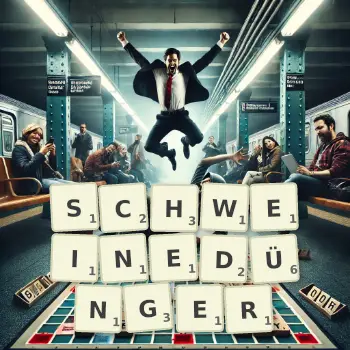 Kreative Illustration für ein Scrabble-Spiel, bei dem das Wort SCHWEINEDÜNGER mit Steinen auf dem Brett gelegt wurde.