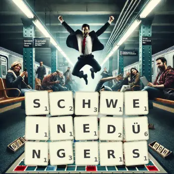 Kreative Illustration für ein Scrabble-Spiel, bei dem das Wort SCHWEINEDÜNGERS mit Steinen auf dem Brett gelegt wurde.