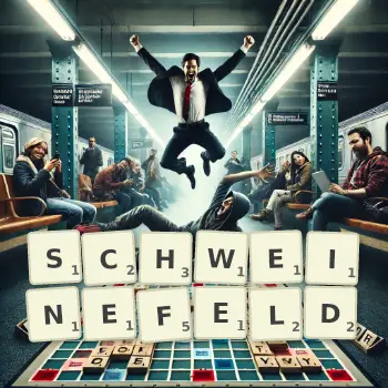 Kreative Illustration für ein Scrabble-Spiel, bei dem das Wort SCHWEINEFELD mit Steinen auf dem Brett gelegt wurde.