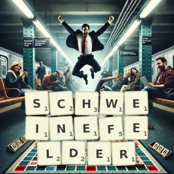 Kreative Illustration für ein Scrabble-Spiel, bei dem das Wort SCHWEINEFELDER mit Steinen auf dem Brett gelegt wurde.